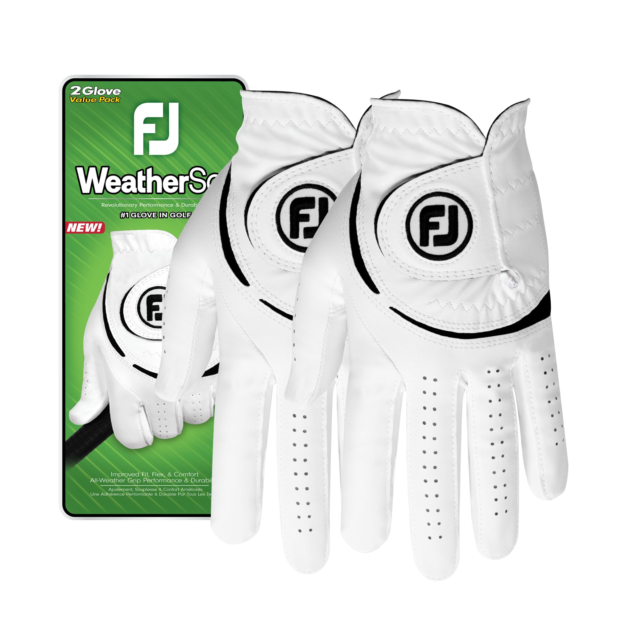 FootJoy WeatherSof front packaging showing two white gloves with clear branding and value