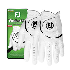 FootJoy WeatherSof front packaging showing two white gloves with clear branding and value