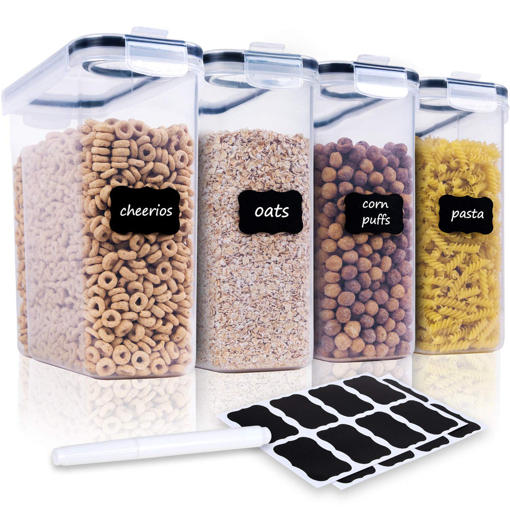 FOOYOO front view of four-piece container set showing labels and lids for organized storage
