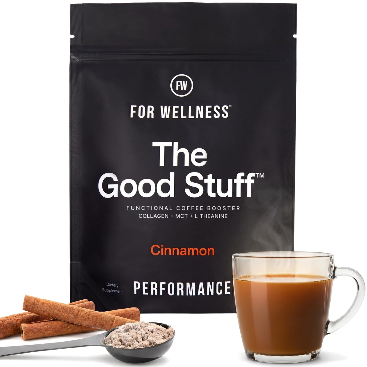 For Wellness front canister of Cinnamon Coffee Booster showing packaging and benefits
