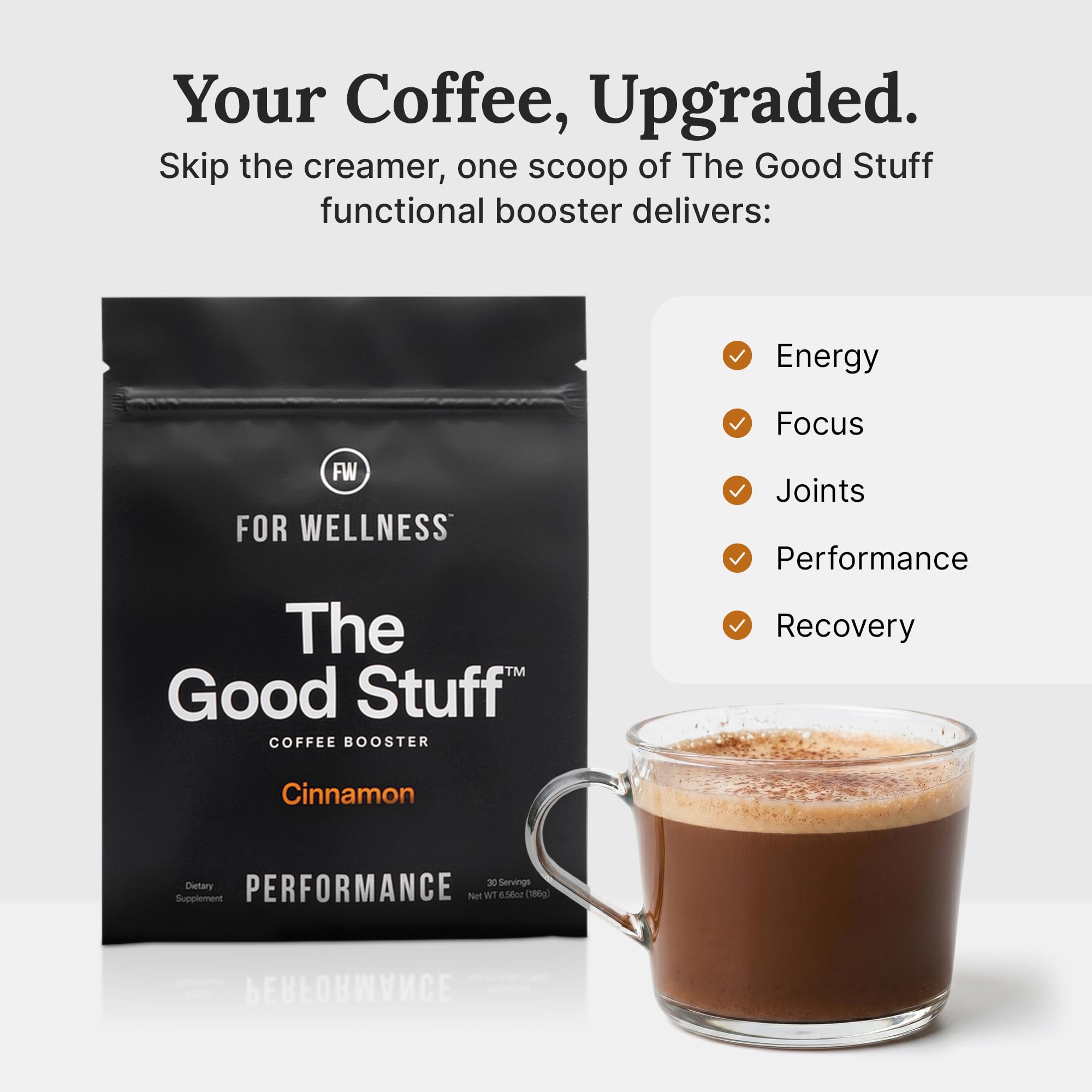 For Wellness scoop of powder showing cinnamon creamer texture and quick mixing benefit