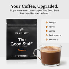 For Wellness scoop of powder showing cinnamon creamer texture and quick mixing benefit