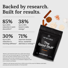 For Wellness powder blended into hot coffee illustrating creamy, steady-energy benefit