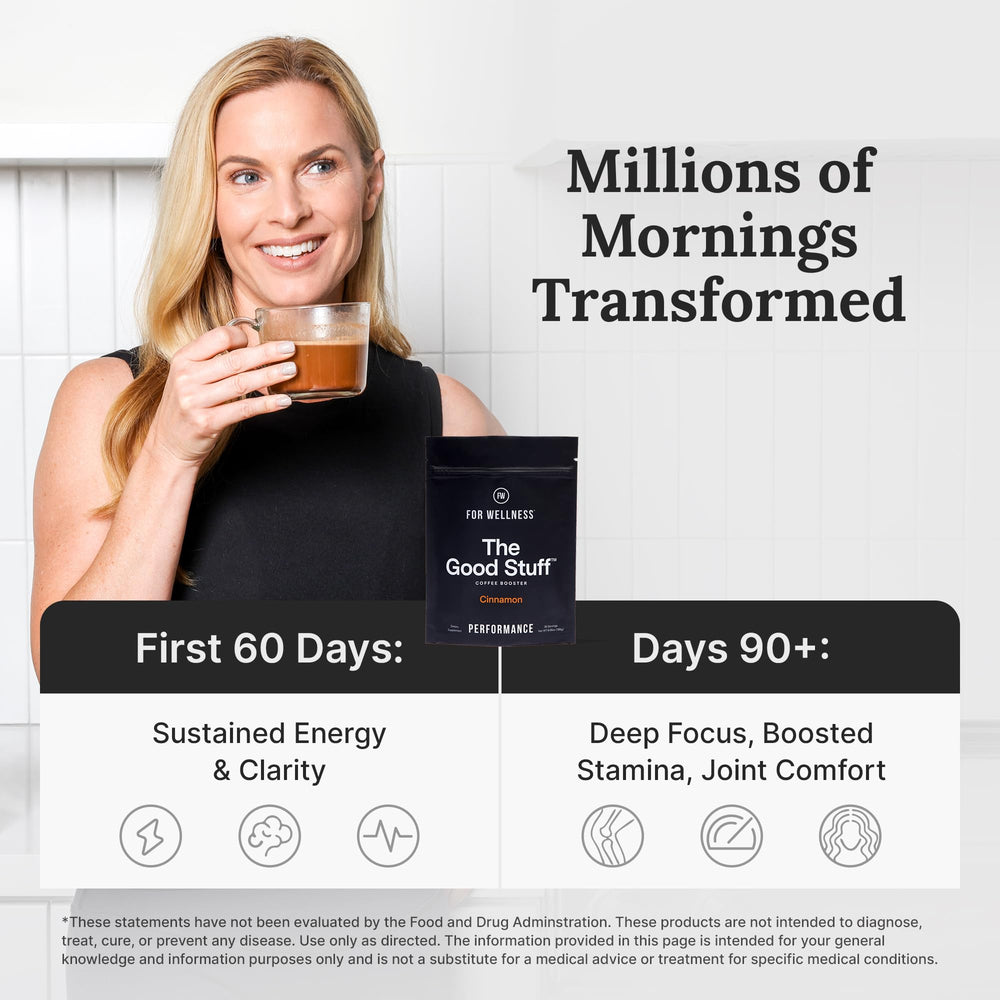 For Wellness scoop beside a coffee cup to show serving size and convenient dosing