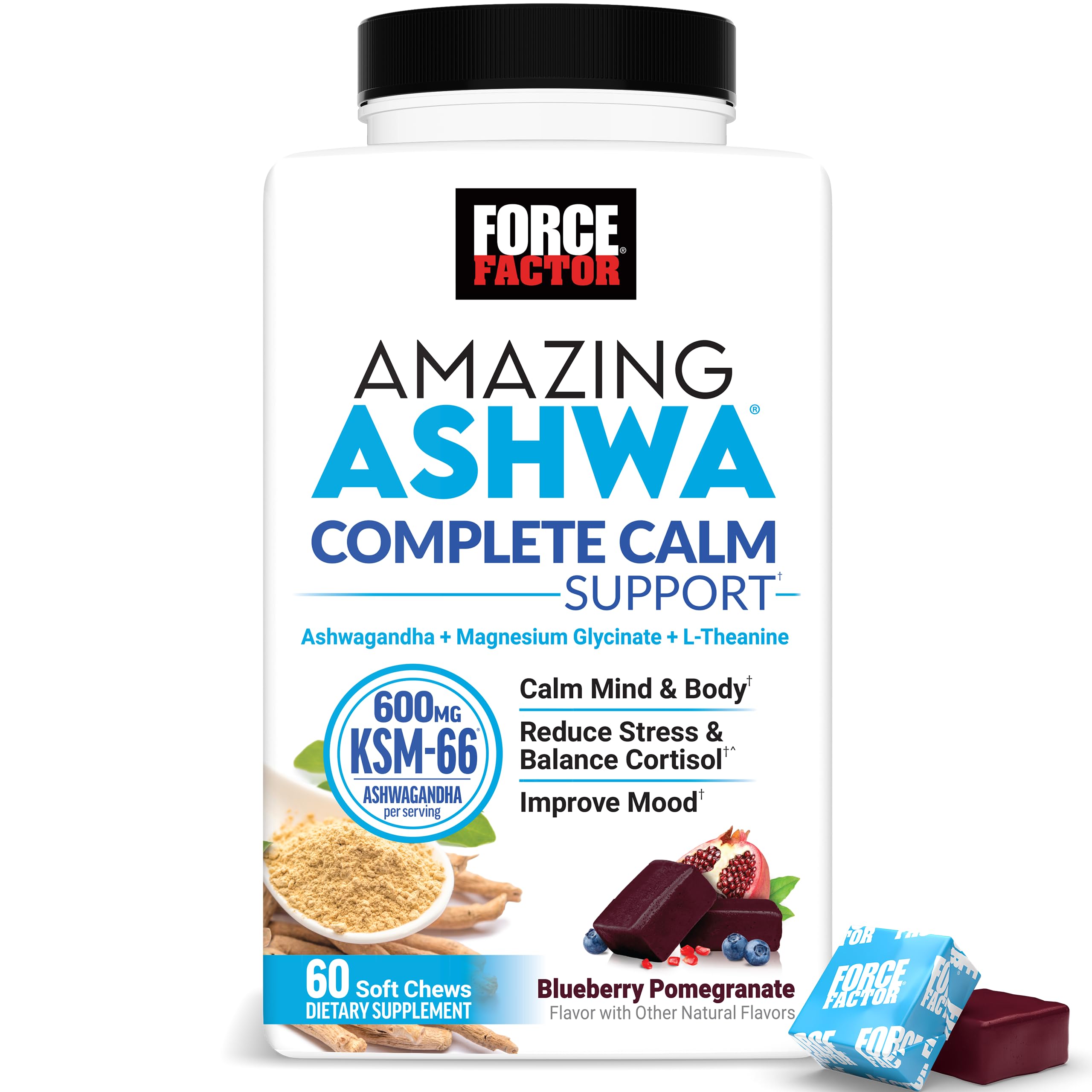 Force Factor front packaging showing Amazing Ashwa chews and calming benefits