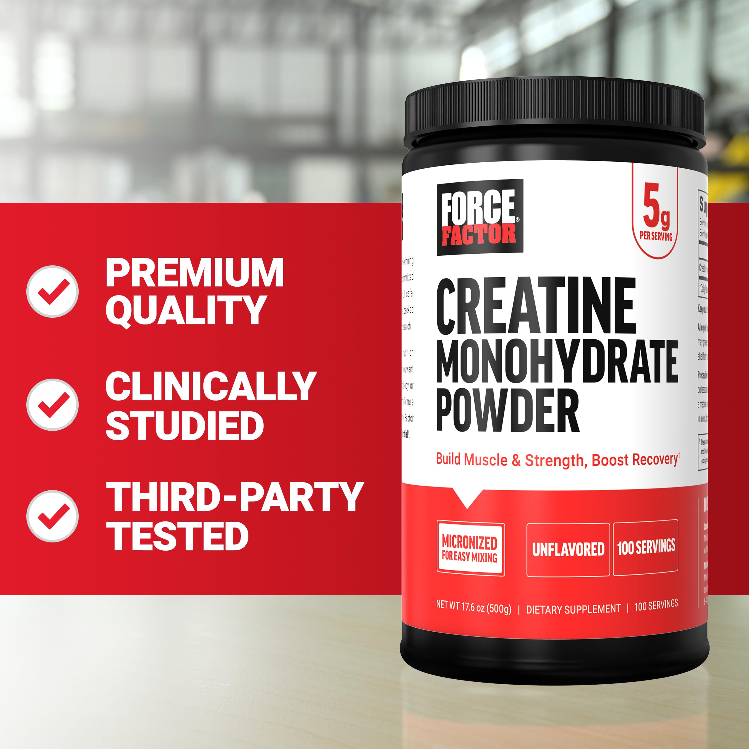 Force Factor powder next to protein shake illustrating stackable use