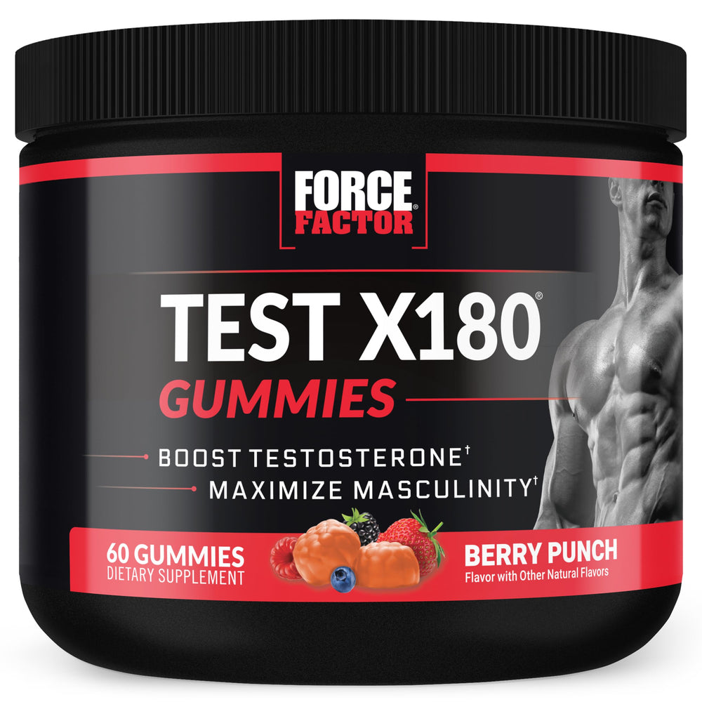 Force Factor front packaging showing Test X180 Gummies and brand for clear product ID and trust