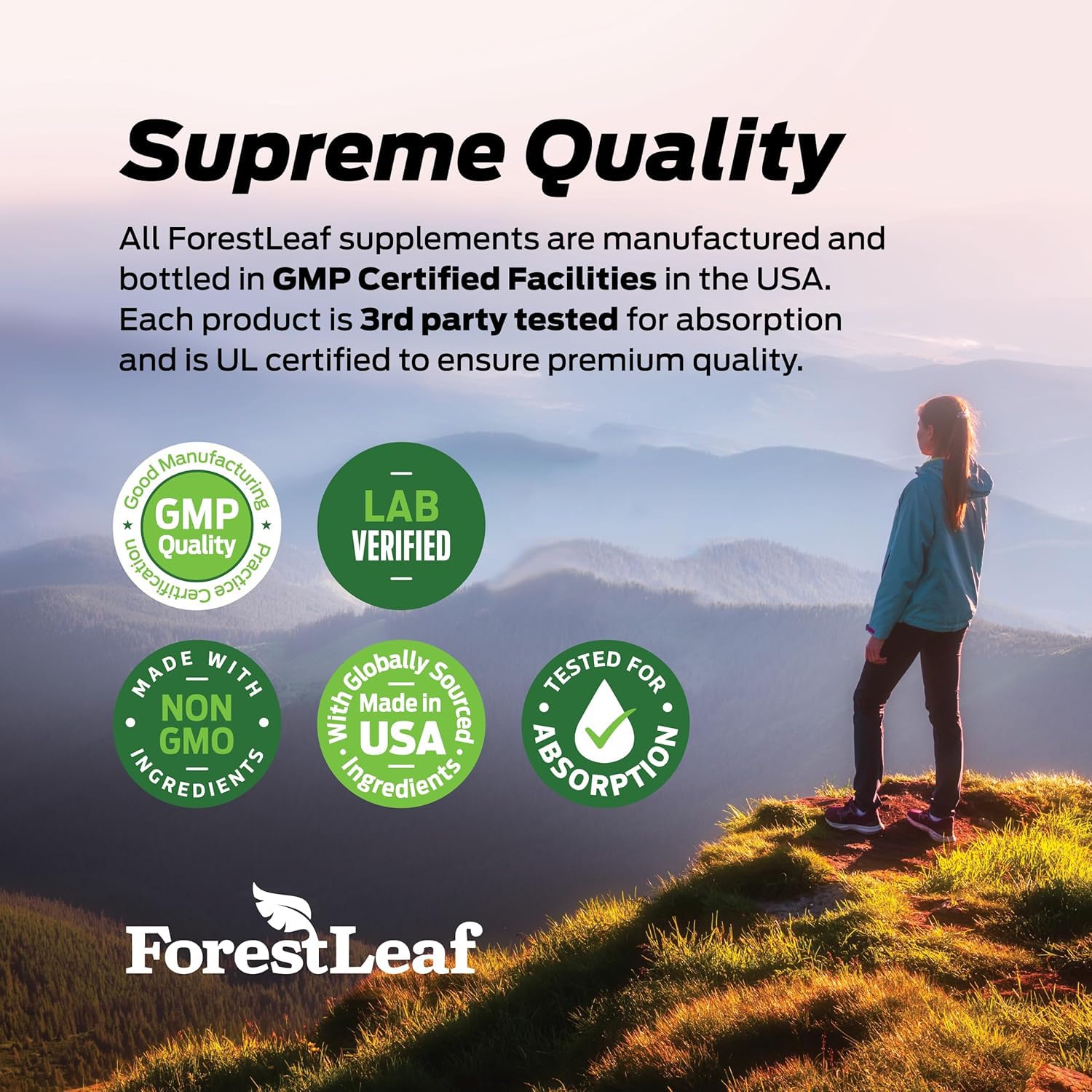 ForestLeaf capsules staged with a balanced meal suggesting nutritional complement