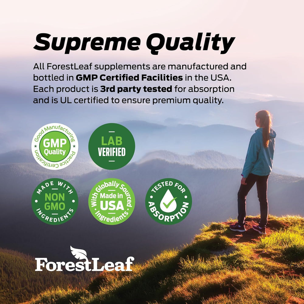 ForestLeaf capsules staged with a balanced meal suggesting nutritional complement