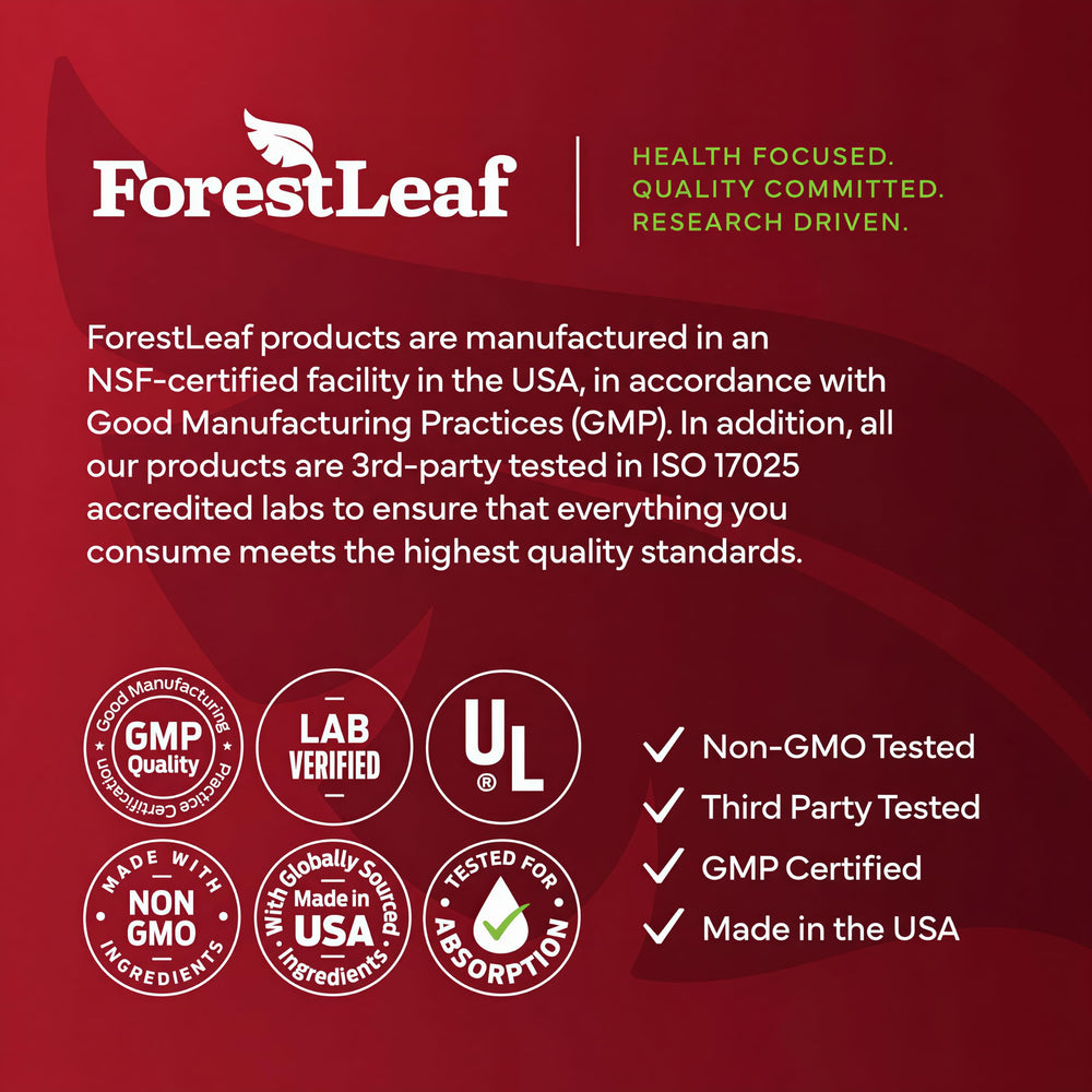 ForestLeaf capsule beside a measuring spoon showing serving size clarity and convenience