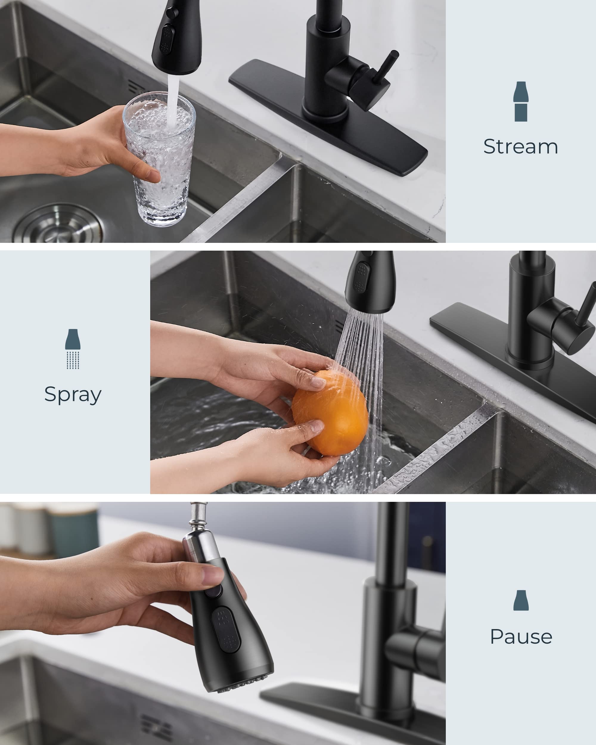 FORIOUS faucet pulled down with extended hose demonstrating extended reach benefit