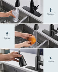 FORIOUS faucet pulled down with extended hose demonstrating extended reach benefit