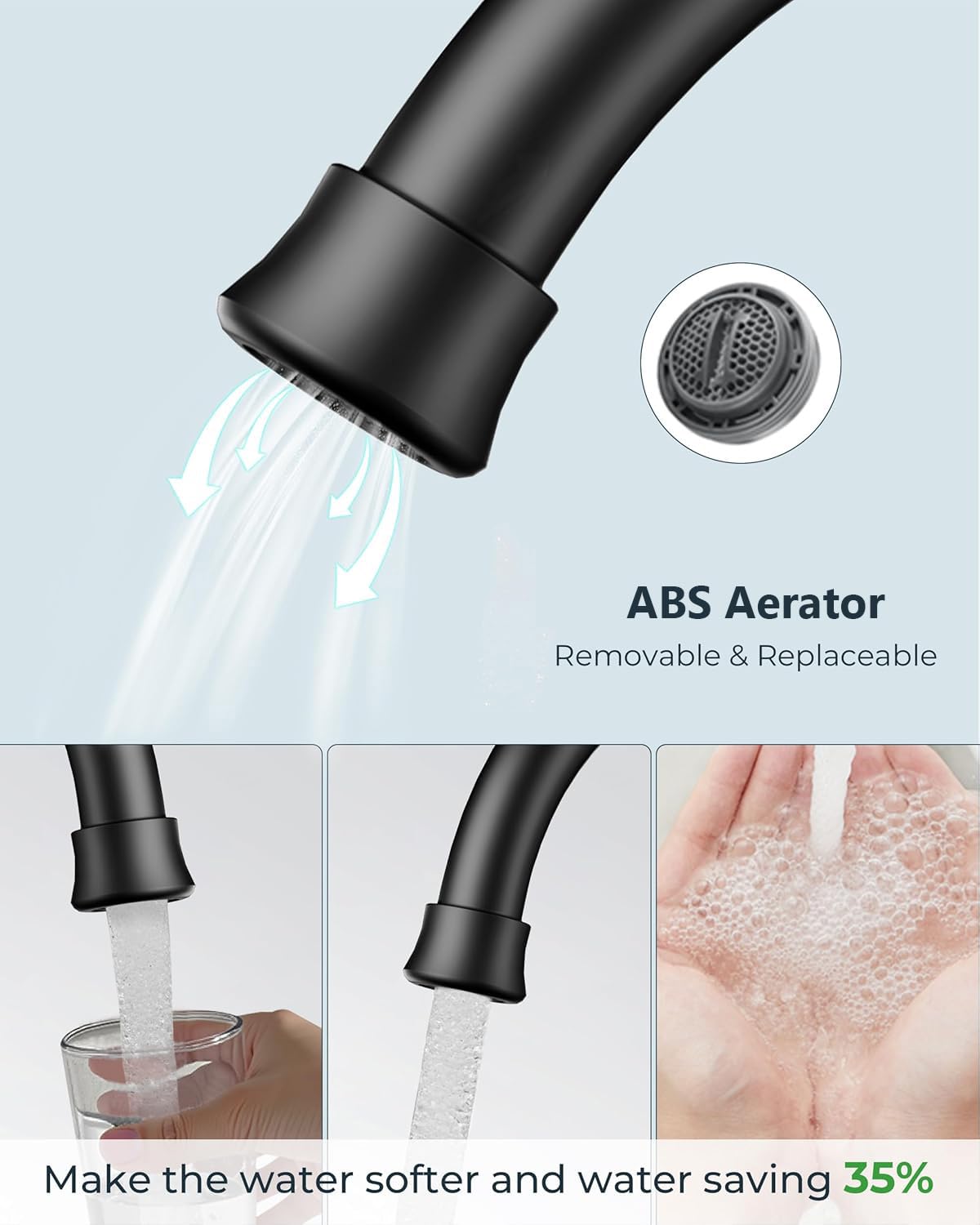 FORIOUS close-up of high-arc swivel spout showing 360-degree rotation and wide clearance