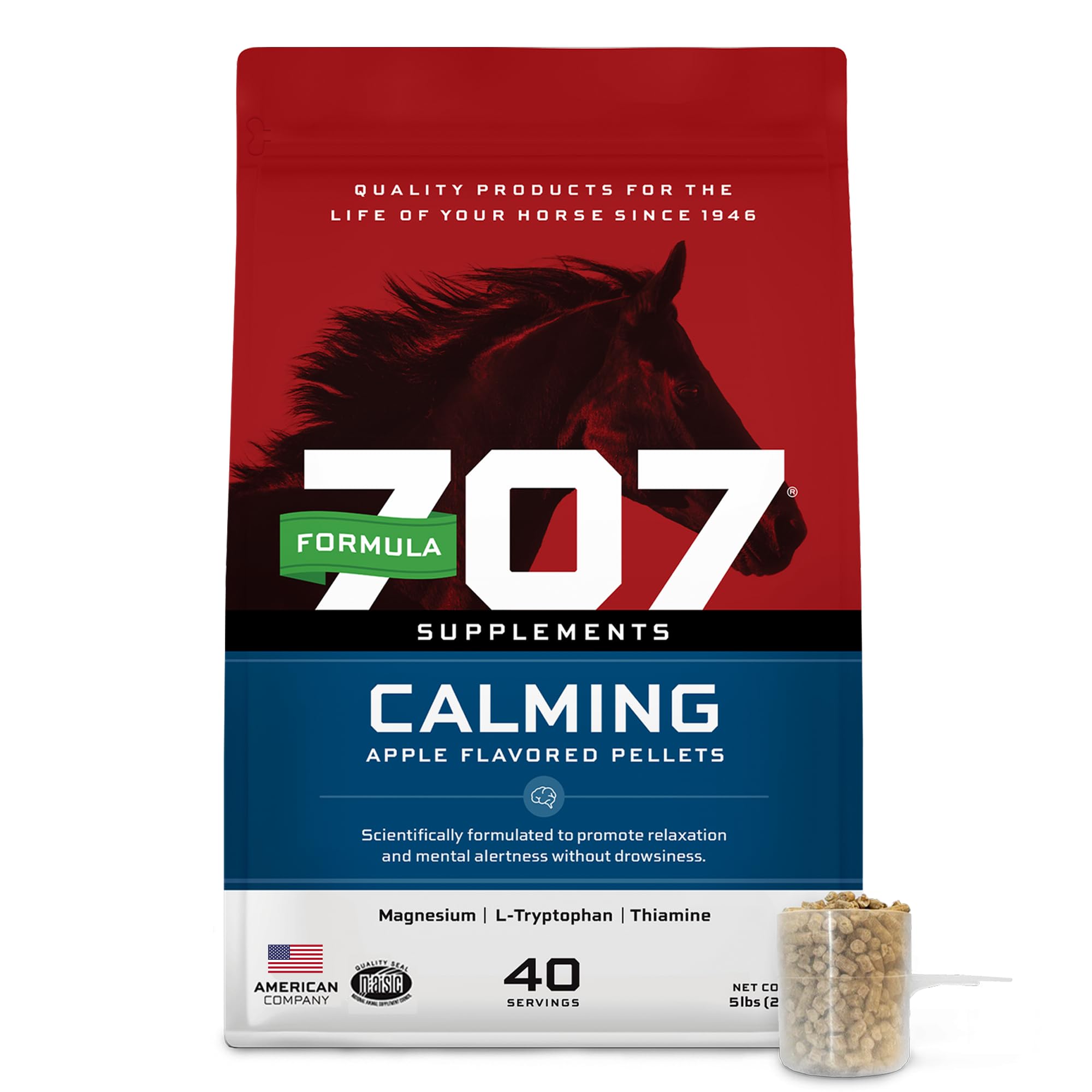 Formula 707 front packaging showing 5 lb tub and product benefits for calm focus