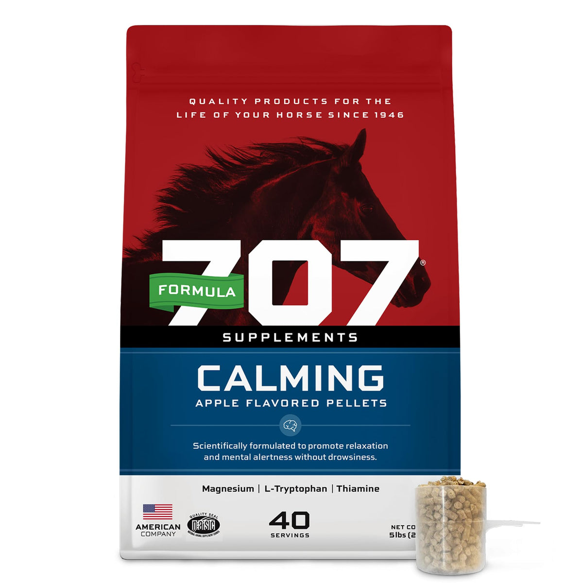 Formula 707 front packaging showing 5 lb tub and product benefits for calm focus