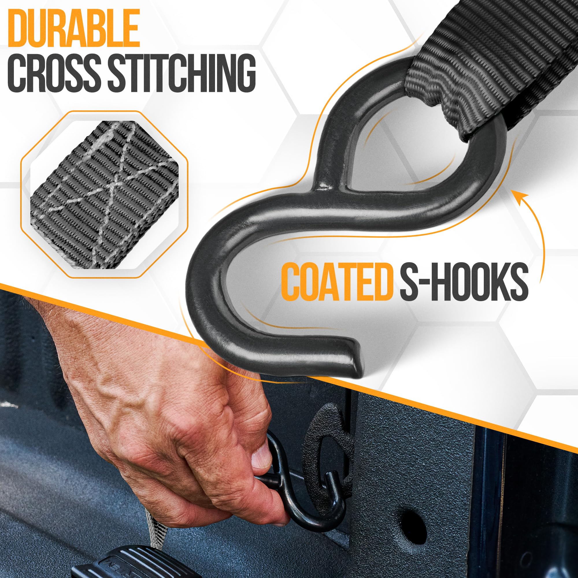 FORTEM coated S-hook detail resisting corrosion, protects vehicle anchor points