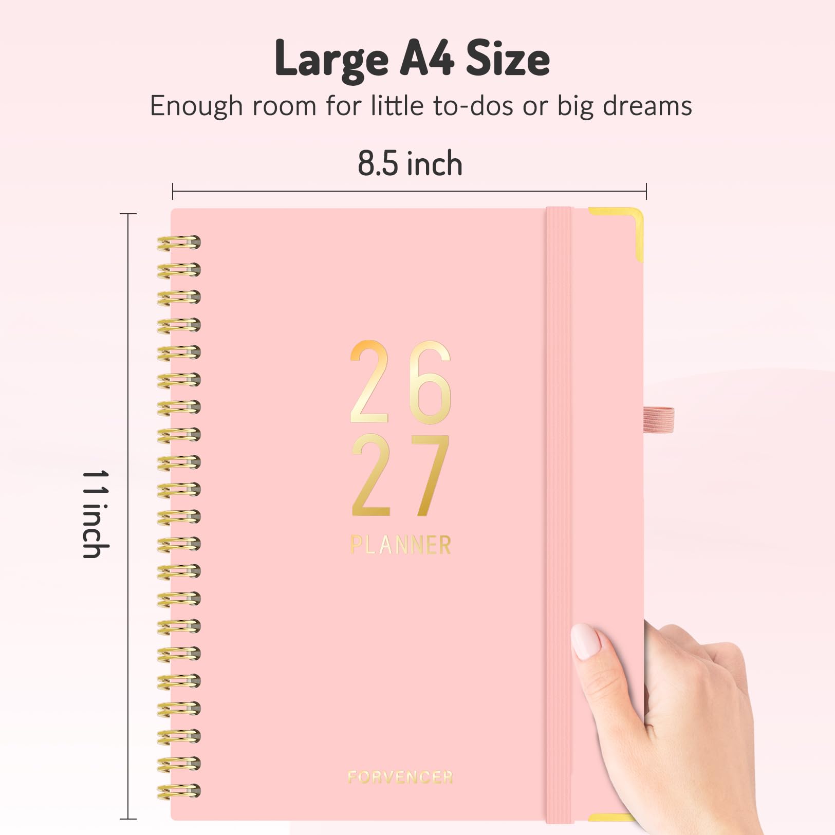 Forvencer beside a pen and textbook showing 8.5x11 size for easy writing