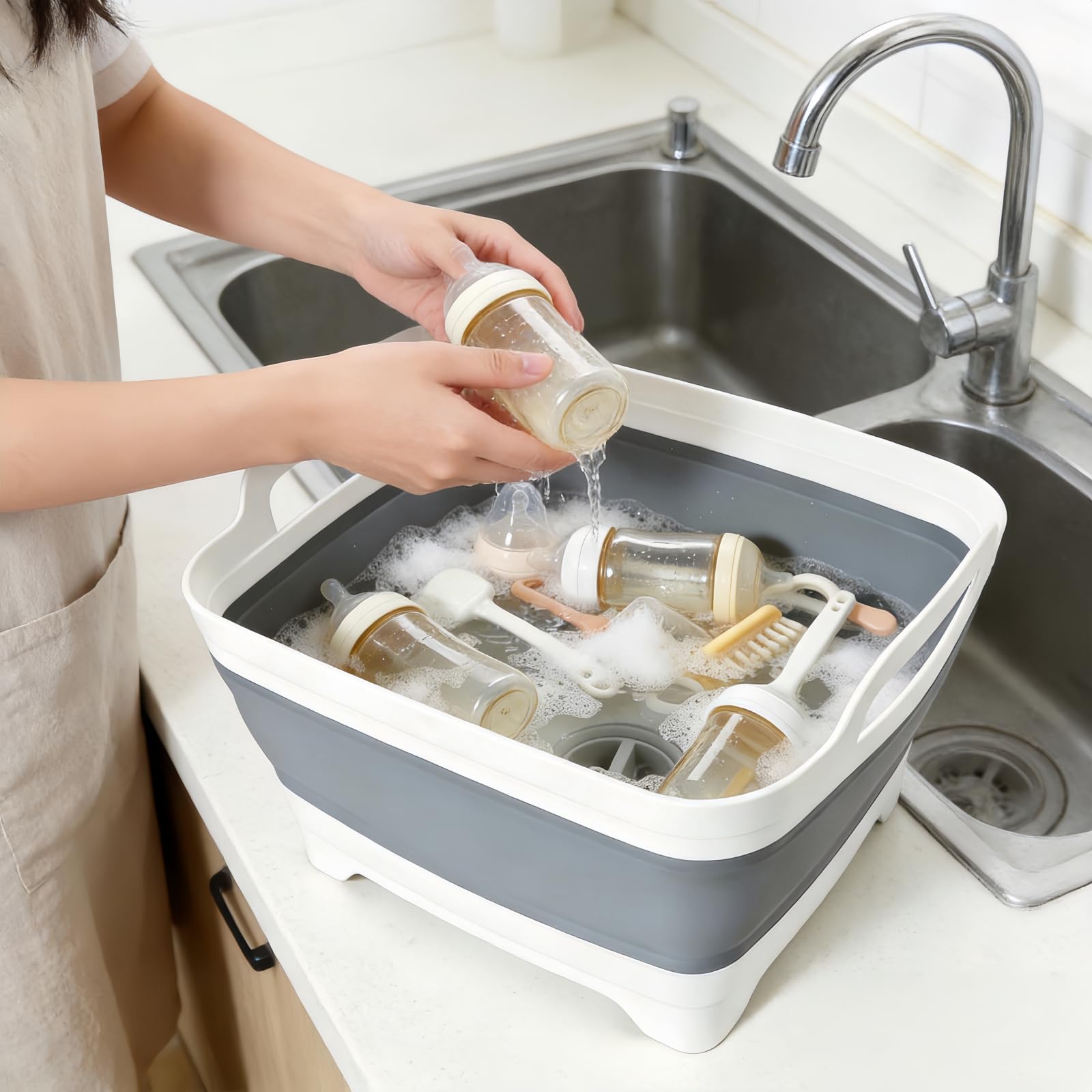 FOSJGO basin hanging on hook for space-saving storage and portability