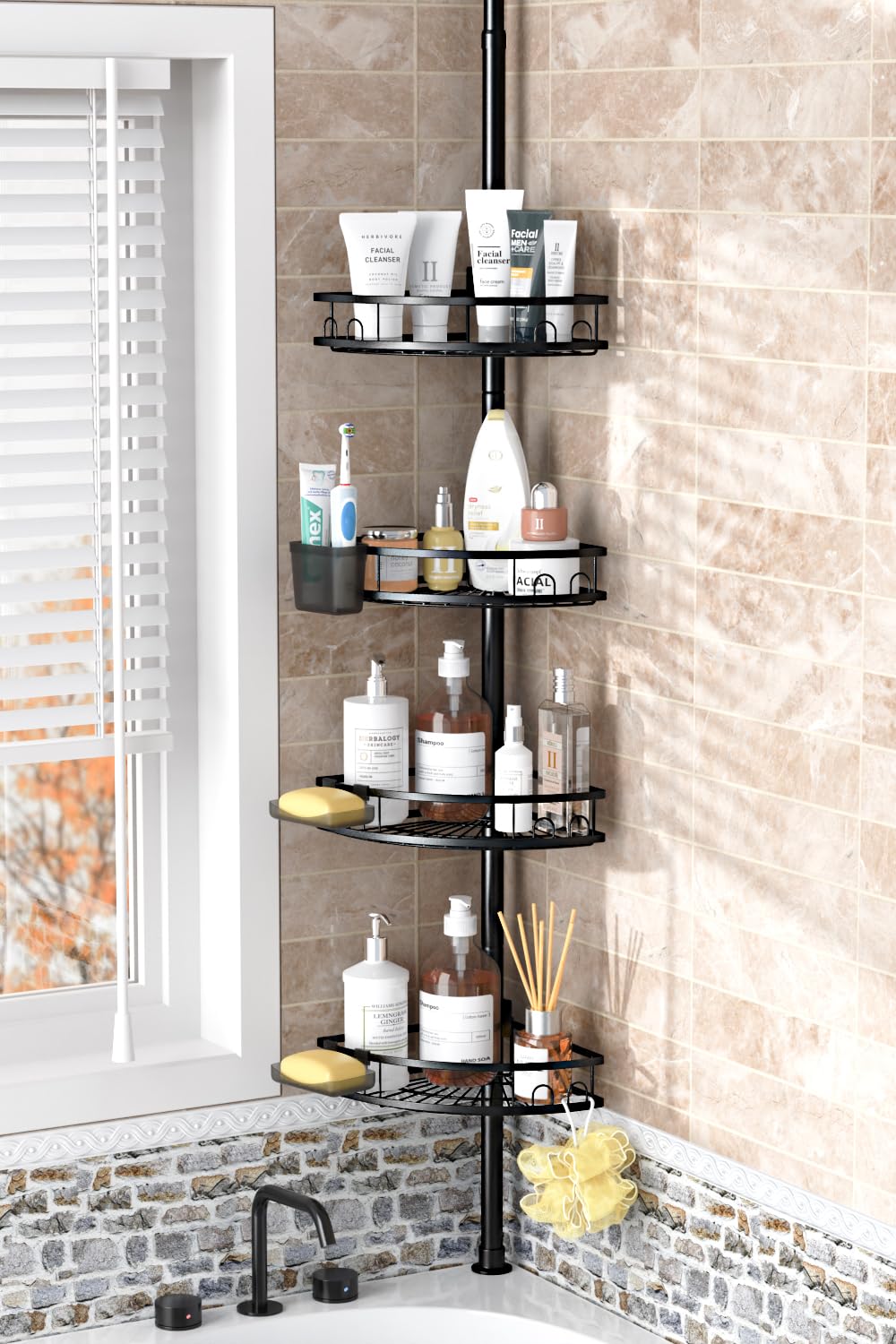 Foukus front view of four-tier corner shower caddy showing organized toiletries and neat storage benefit