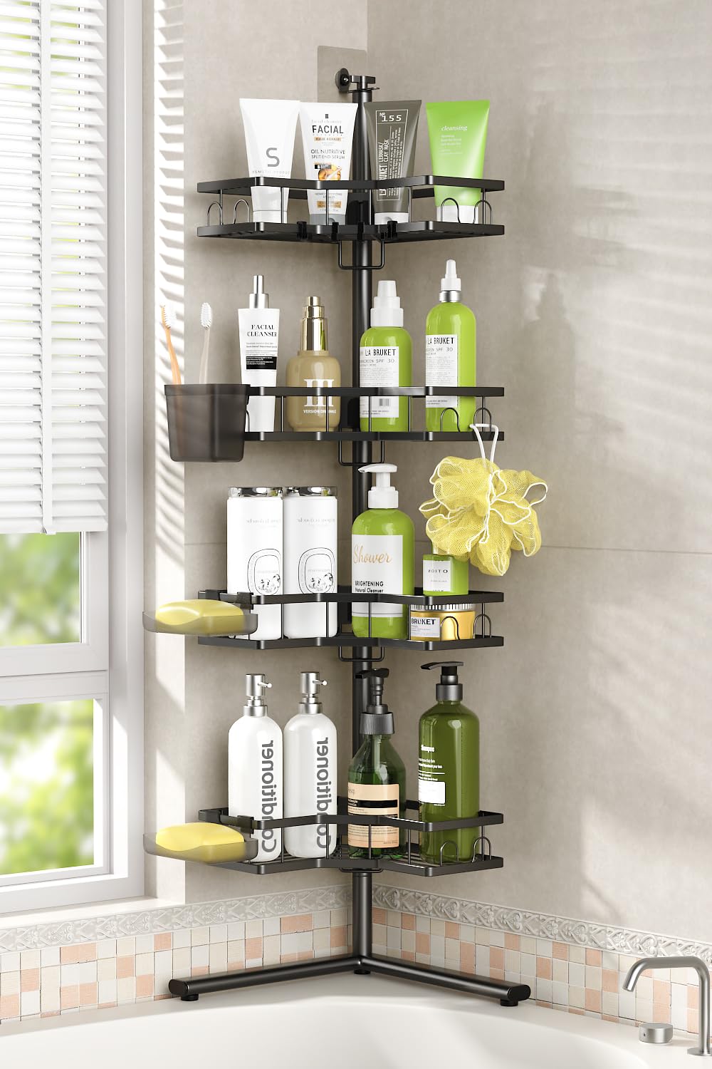 Foukus front view of standing corner shower caddy showing full four tiers and stability