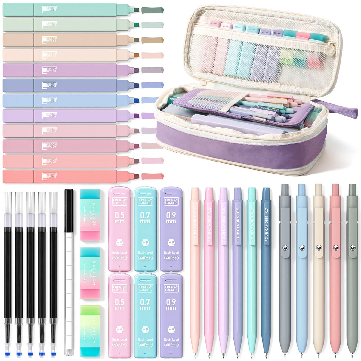 Four Candies front view of purple case showing included supplies for organized storage