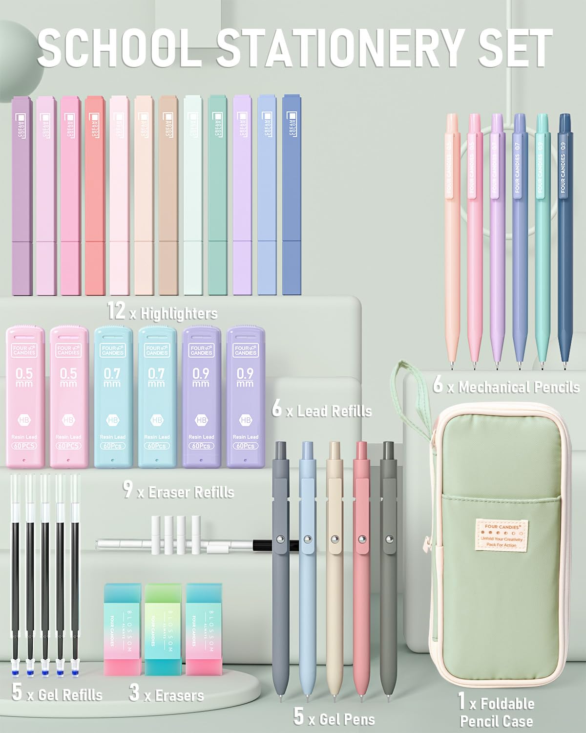 Four Candies retractable gel pens with refills, smooth quick-dry writing