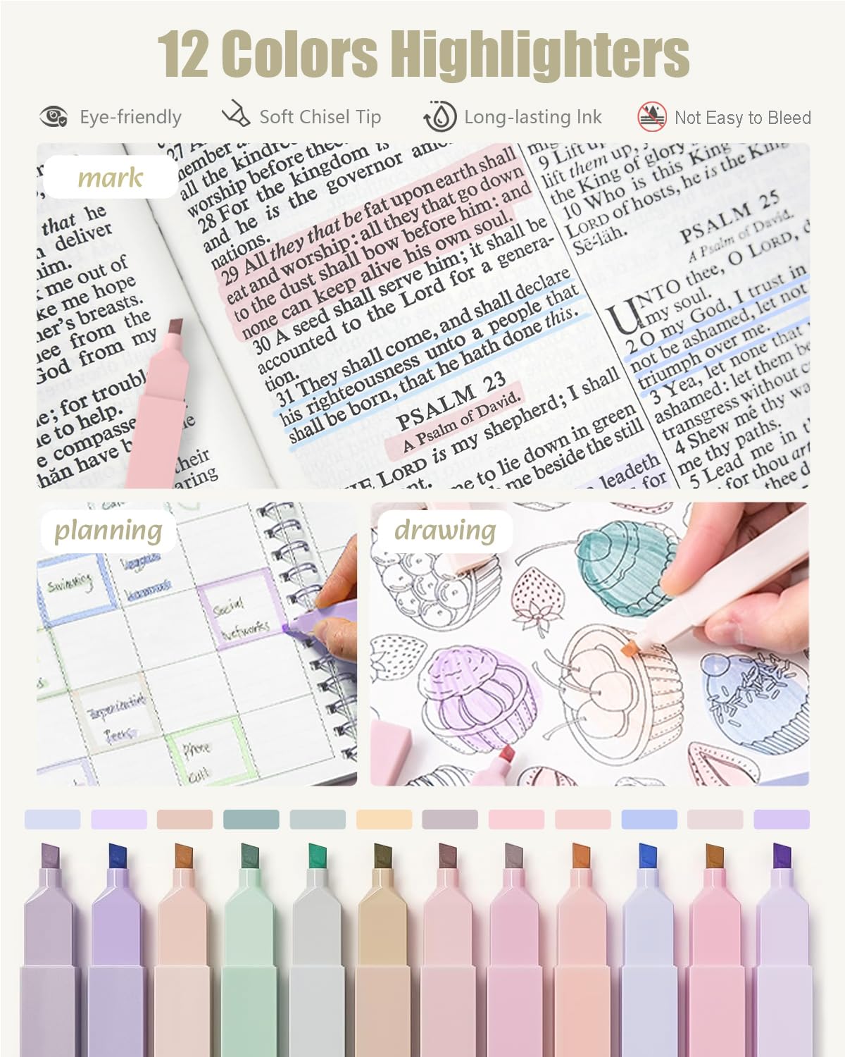 Four Candies pastel highlighters arrayed, gentle colors for clear emphasis
