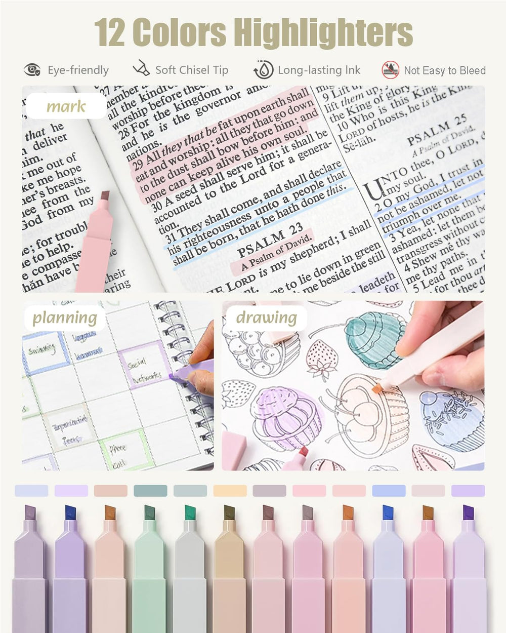 Four Candies pastel highlighters arrayed, gentle colors for clear emphasis