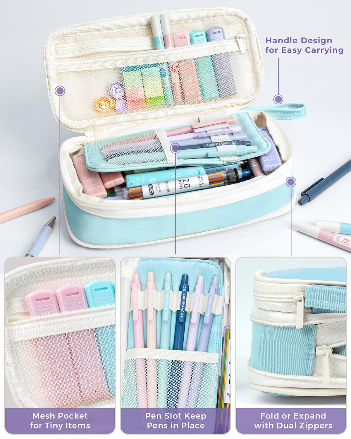 Four Candies lead tubes and erasers close-up showing refills included