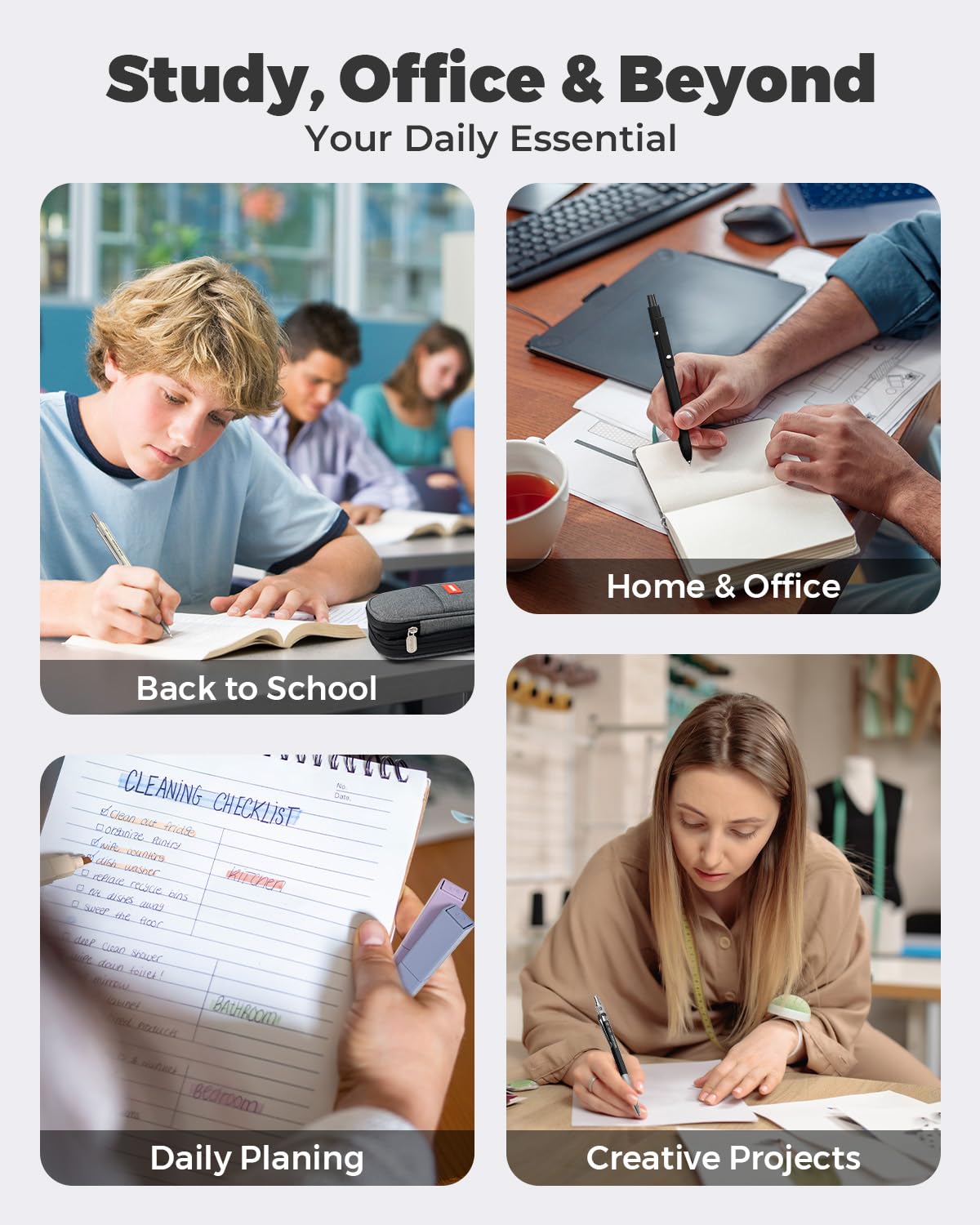 Four Candies kit on study desk, organized tools improve productivity