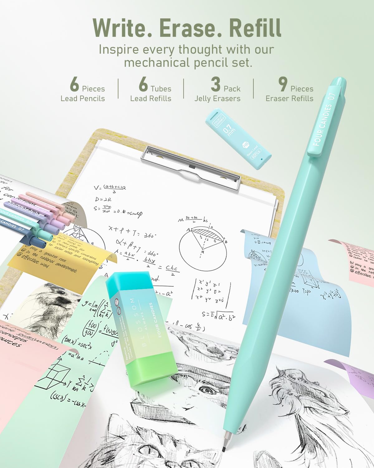 Four Candies mechanical pencils close-up, triangular grip for comfortable drawing