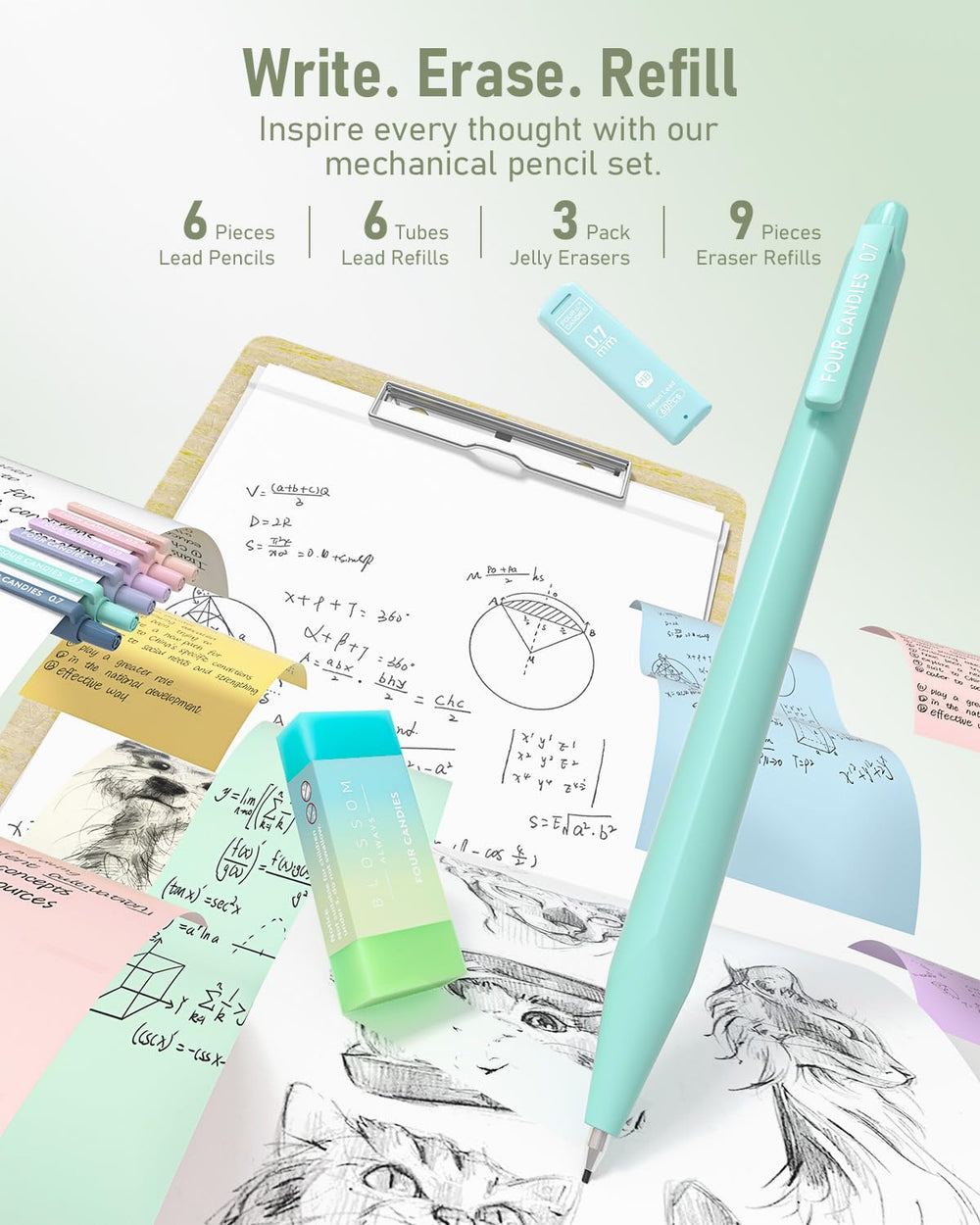 Four Candies mechanical pencils close-up, triangular grip for comfortable drawing