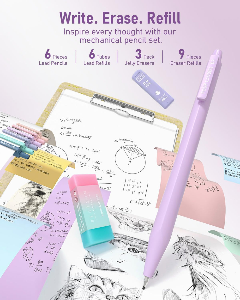 Four Candies mechanical pencils close-up showing triangular grips for steady sketching