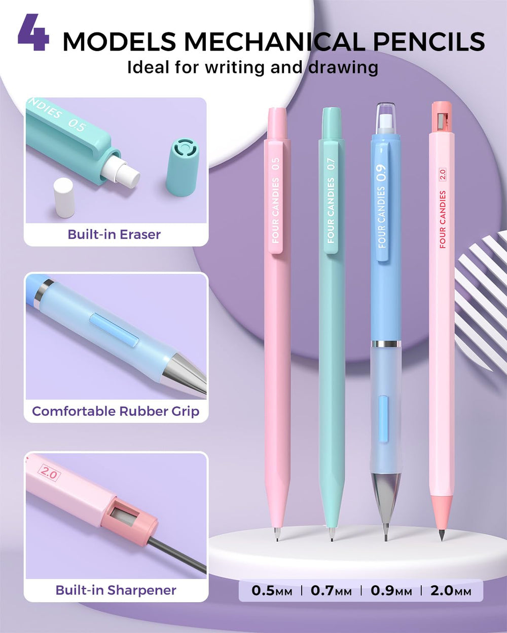 Four Candies pencils lined up illustrating size variety and comfort
