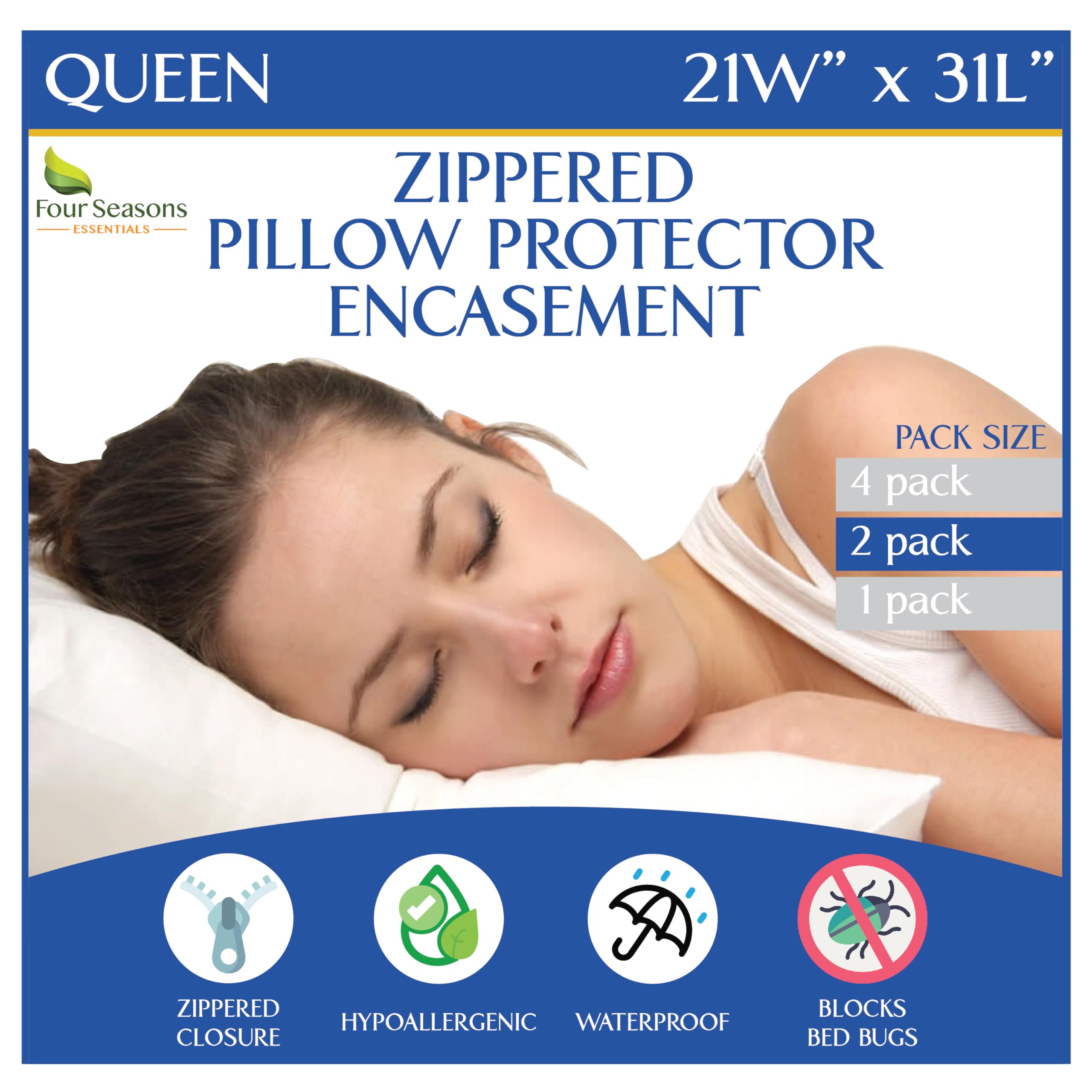 Four Seasons Essentials front packaging showing queen protector set and protective benefits