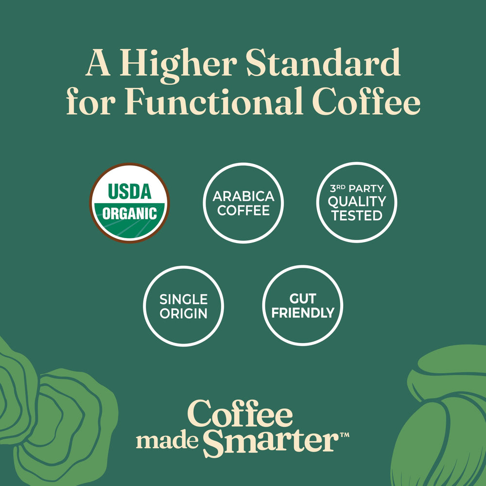 Four Sigmatic resealable bag open to display freshness benefit