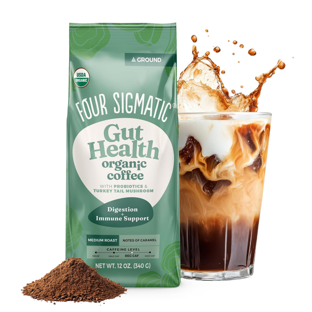Four Sigmatic front packaging showing 12oz bag and benefits