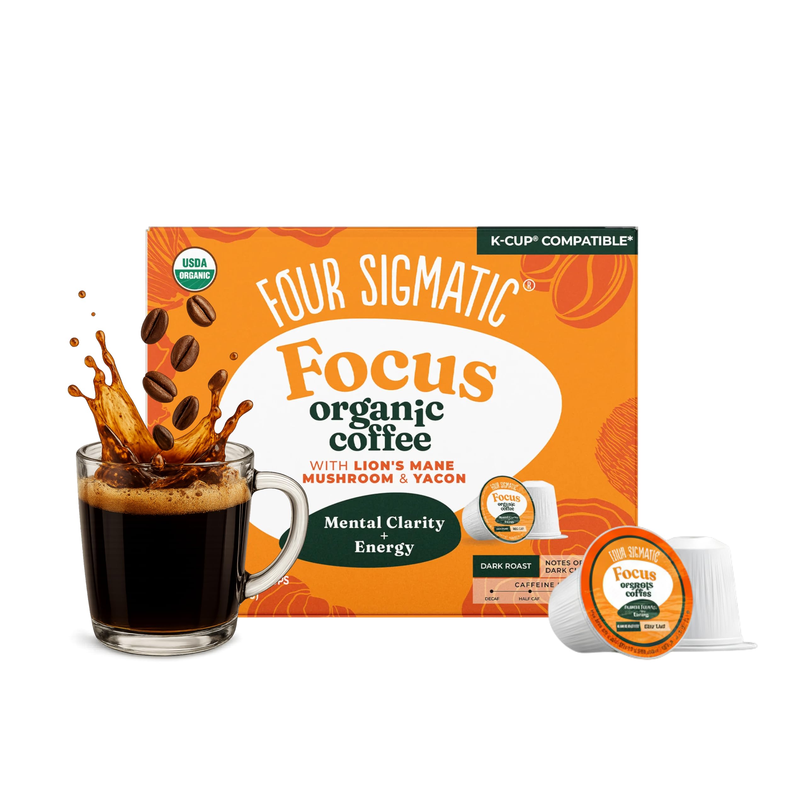 Four Sigmatic front packaging showing 24-count K-Cups and benefits