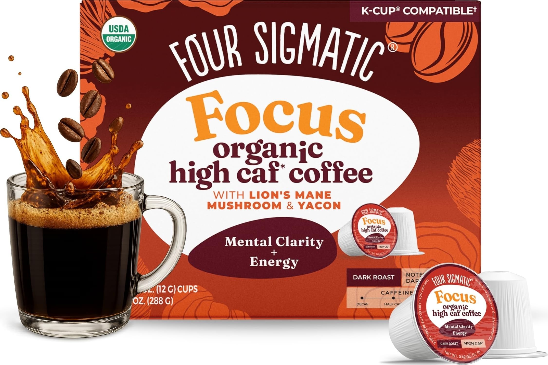 Four Sigmatic front packaging showing 24-count pods and benefits
