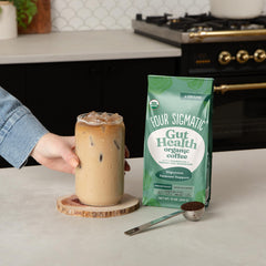 Four Sigmatic label close-up showing mushroom and probiotic ingredients