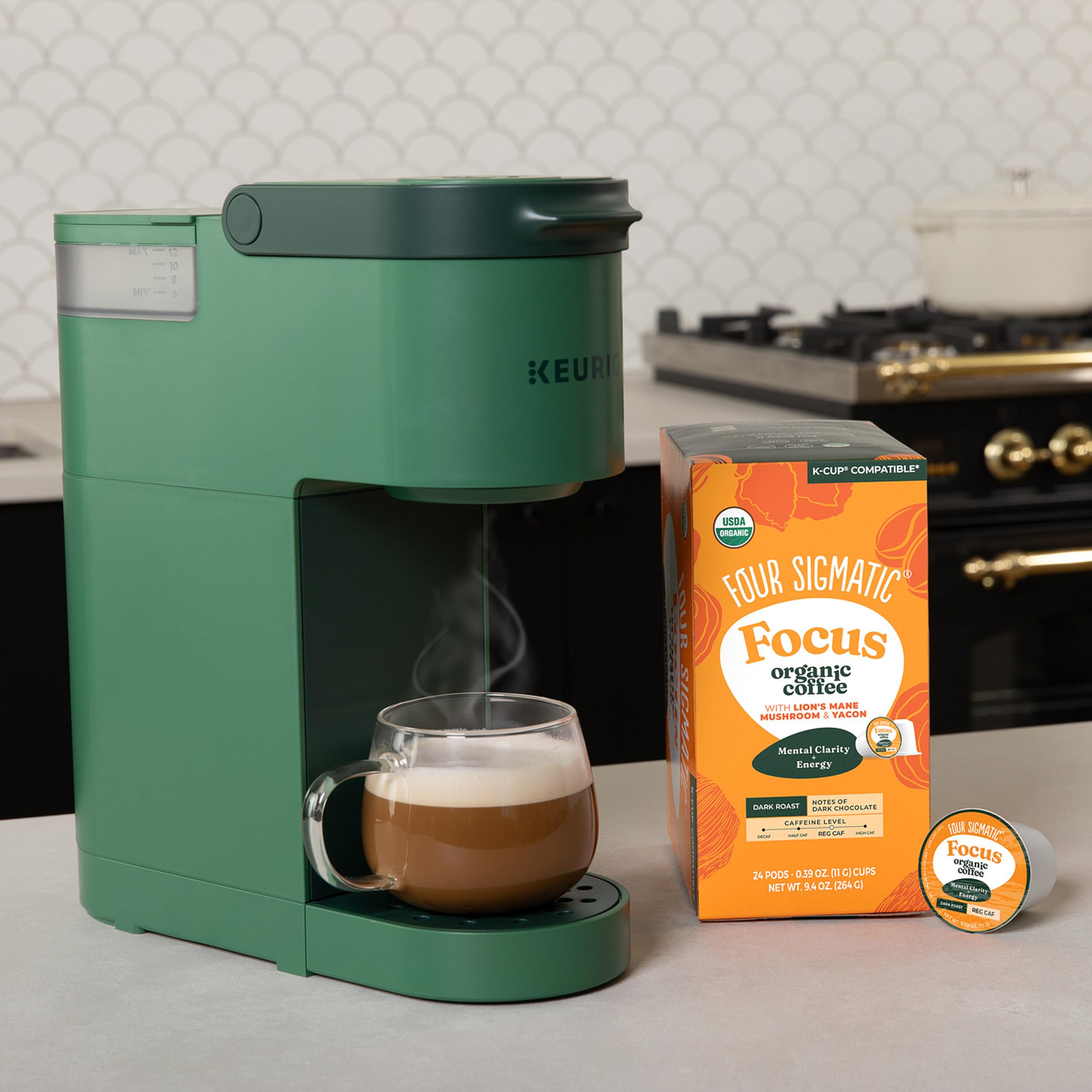 Four Sigmatic K-Cup brewing in single-serve machine for fast convenience
