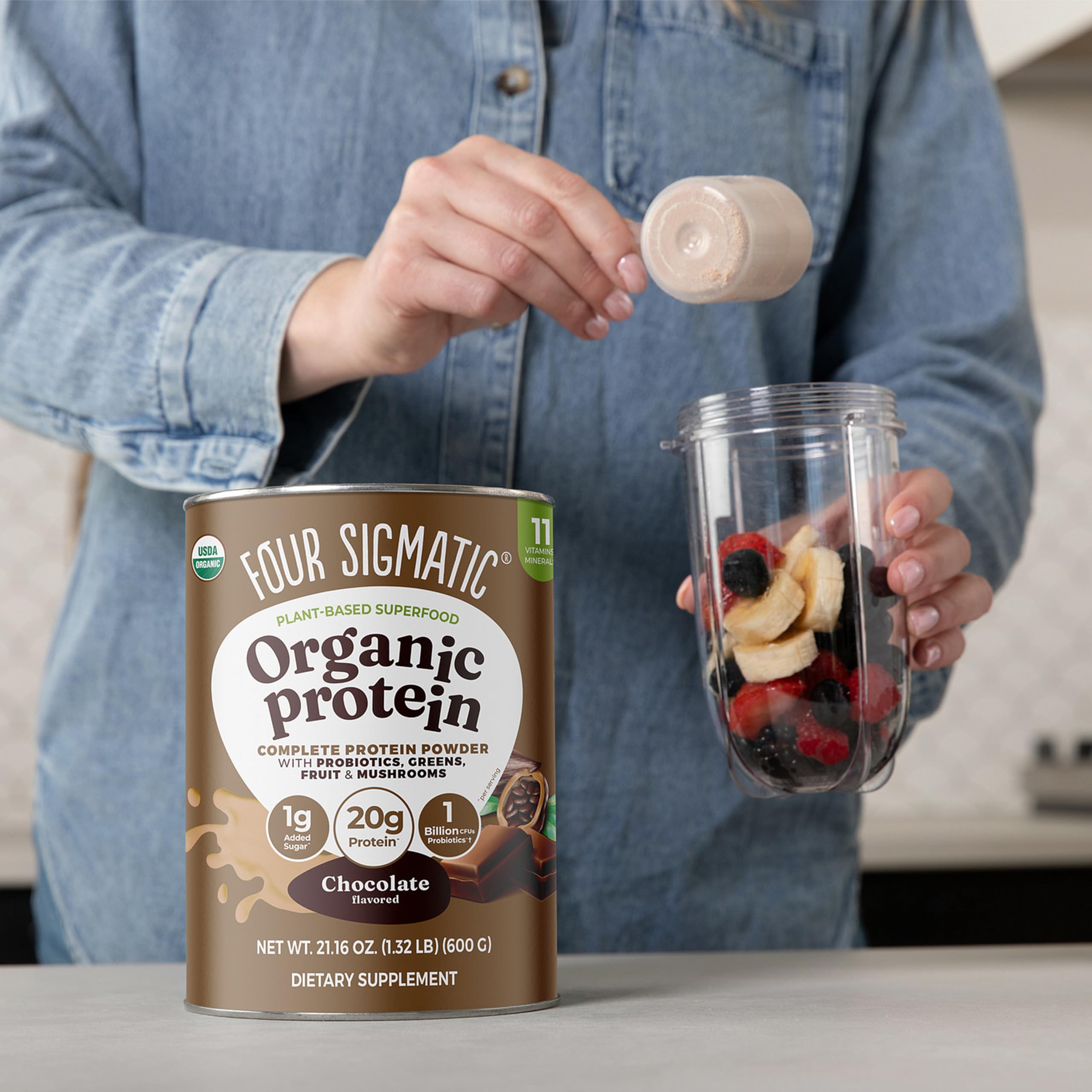 Four Sigmatic in shaker bottle on kitchen counter showing on-the-go convenience benefit
