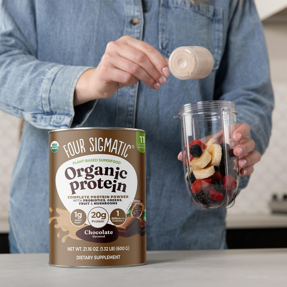 Four Sigmatic in shaker bottle on kitchen counter showing on-the-go convenience benefit