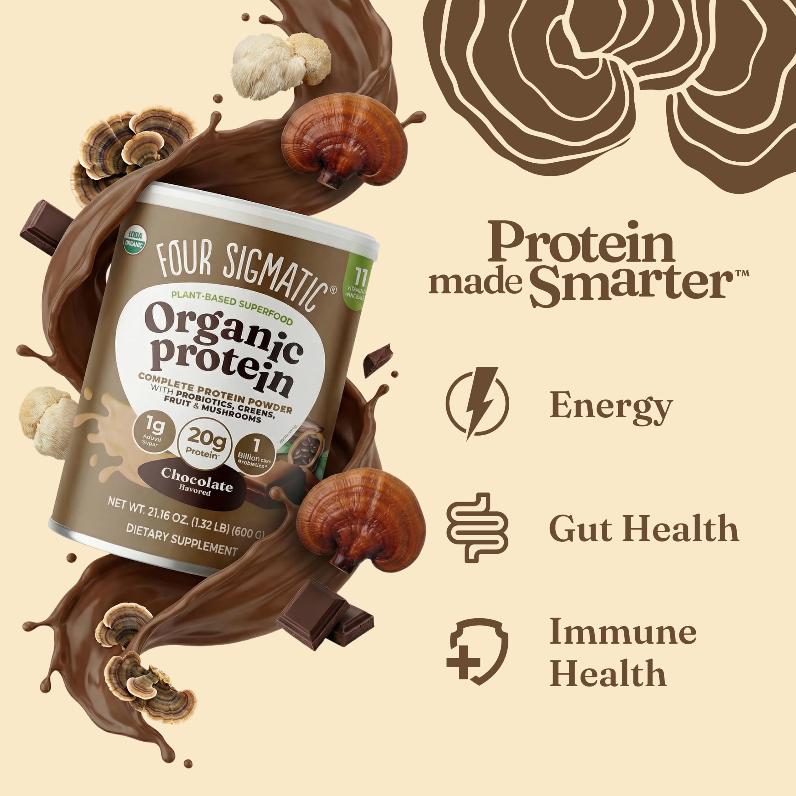 Four Sigmatic powder texture close-up highlighting smooth mixability benefit