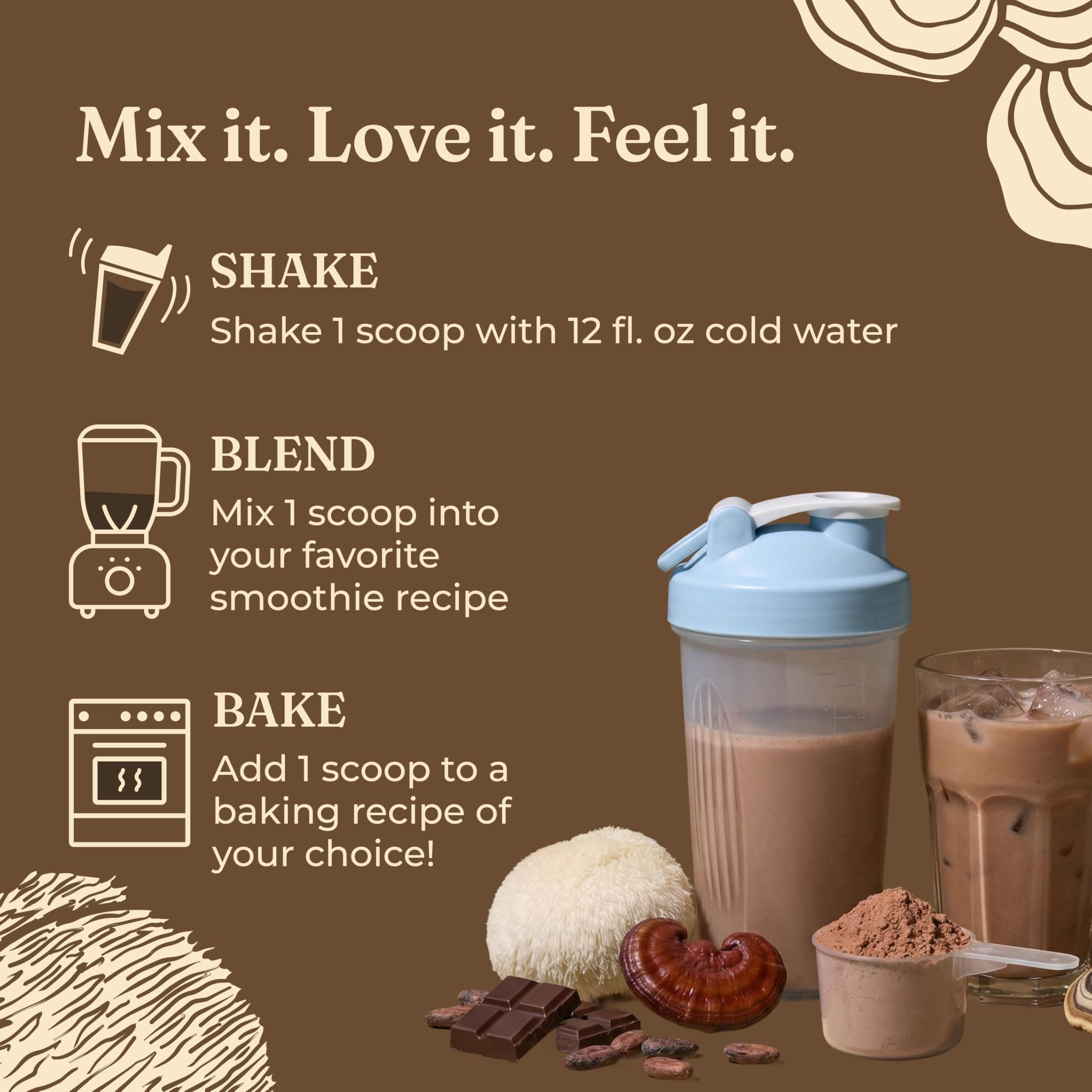 Four Sigmatic scoop beside ingredient bag showing clean organic ingredients benefit
