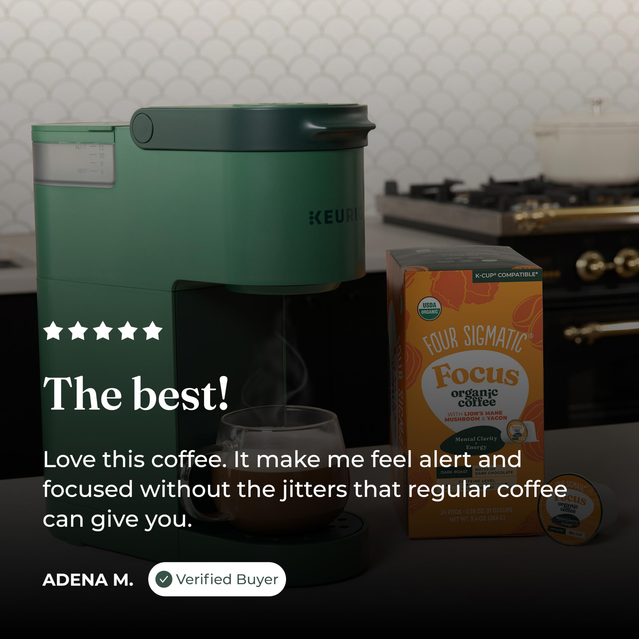 Four Sigmatic pods next to sustainable packaging emphasizing eco-aware pods
