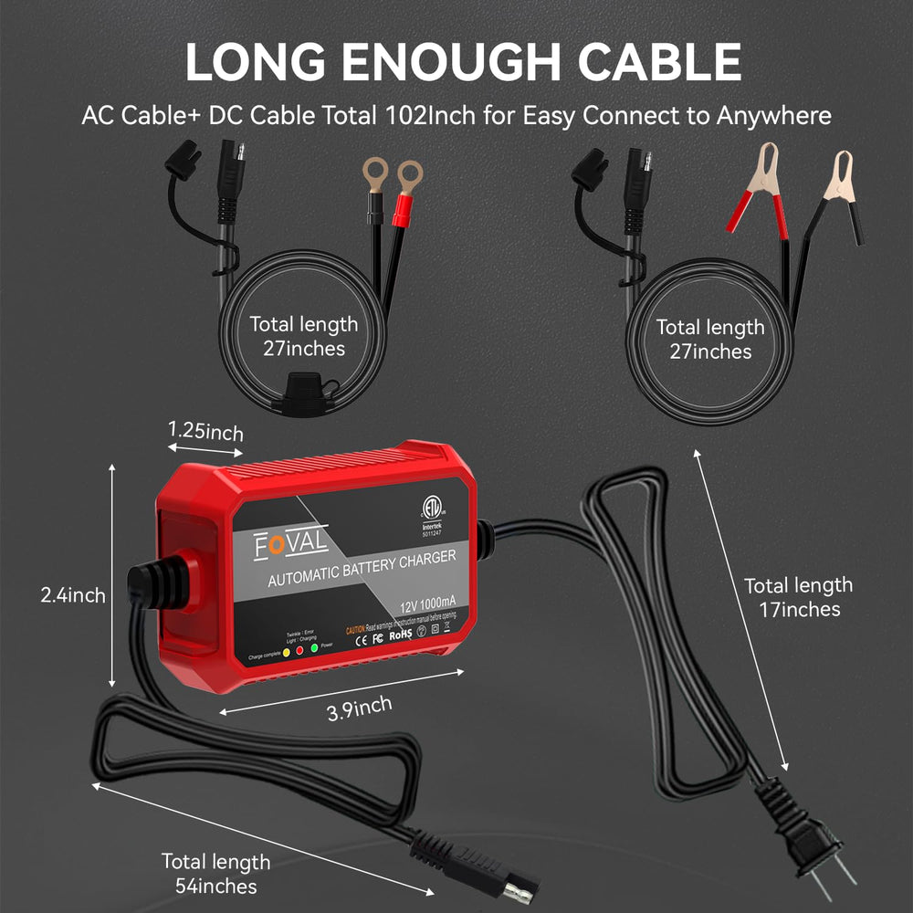 FOVAL alligator clamps attached to battery for quick, secure temporary connections