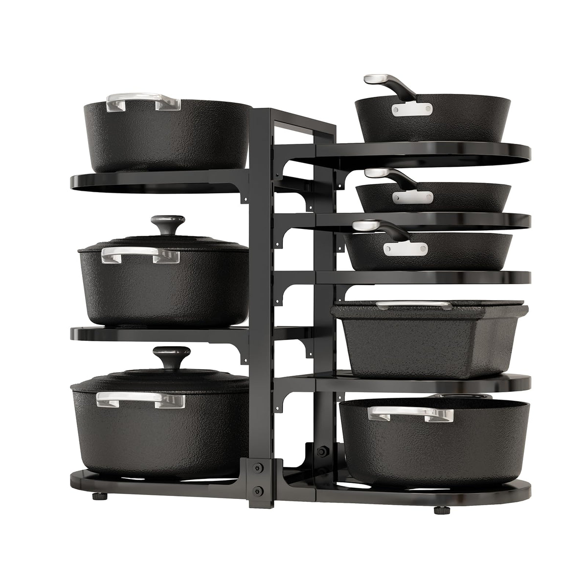 Fovkdcvw front view of 8-tier black under-cabinet organizer showing neat storage benefit