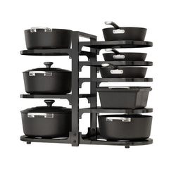 Fovkdcvw front view of 8-tier black under-cabinet organizer showing neat storage benefit