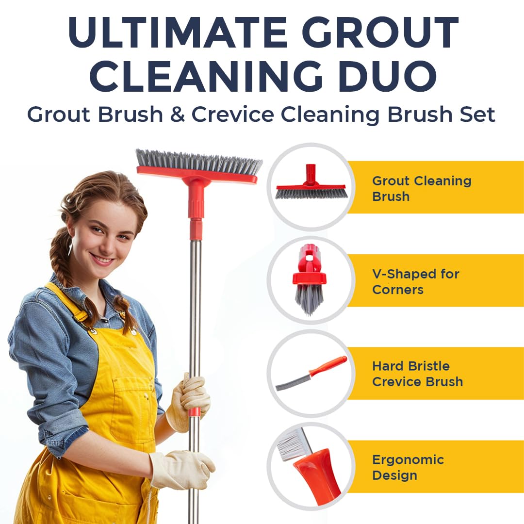 Fox Trot long handle extended in use reaching high tile without bending for ergonomic cleaning